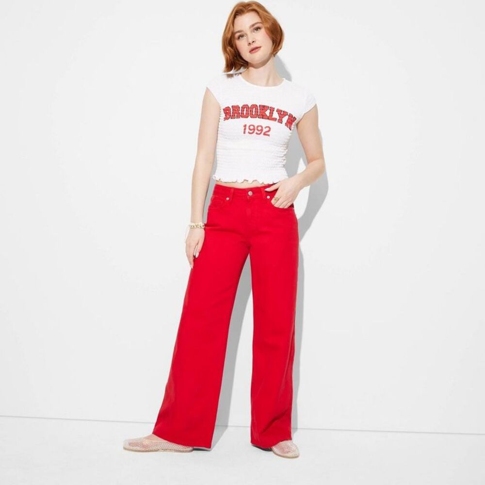 Women's Low-Rise Wide-Leg Loose Denim Baggy Jeans - Dark Red (Size 4)